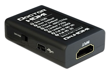 Underside of Dr HDMI with EDID bank legend, Mini-USB port and HDMI input
