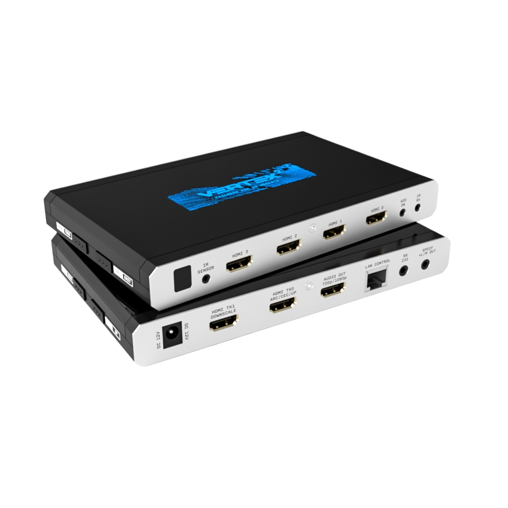HDfury Vertex 2 4x2 HDMI-matrix, twee keer boven elkaar afgebeeld: bovenaan de vier HDMI-ingangen, daaronder de scaleruitgangen TX0 en TX1, de uitgang van de audio-extractor, LAN, RS232 en S/PDIF