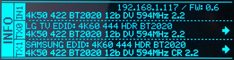 OLED-infoscherm van de HDfury Vertex 2 met IP-adres 192.168.1.117, firmware 0.6, het inkomende 4K50 4:2:2 12-bits Dolby Vision-signaal en wat de scaler naar de LG- en Samsung-schermen op TX0 en TX1 stuurt