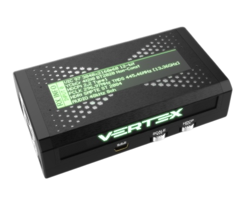 HDfury Vertex RX INFO on the OLED: 3840x2160p60 12-bit, YCbCr 4:2:0 BT2020, HDCP 2.2, HDR SMPTE ST 2084, 8-channel audio