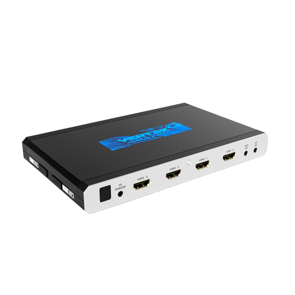 HDfury Vertex 2 4x2 HDMI-matrix, splitter en scaler op een witte achtergrond, met de vier 18Gbps HDMI-ingangen en het blauwe Vertex 2-logo op de bovenkant