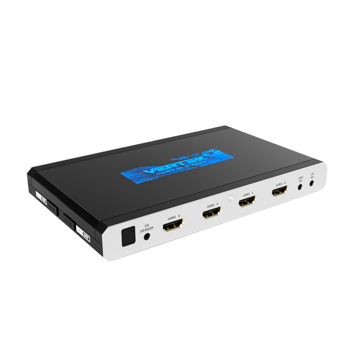 HDfury Vertex 2 4x2 HDMI-matrix, splitter en scaler op een witte achtergrond, met de vier 18Gbps HDMI-ingangen en het blauwe Vertex 2-logo op de bovenkant