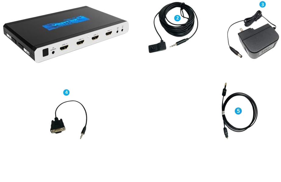 Wat er in de doos van de HDfury Vertex 2 zit: het apparaat, de IR-ontvangerkabel, de 12V-voeding, de RS232-kabel en de optische kabel