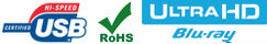 Logo's van USB Certified Hi-Speed, RoHS en Ultra HD Blu-ray
