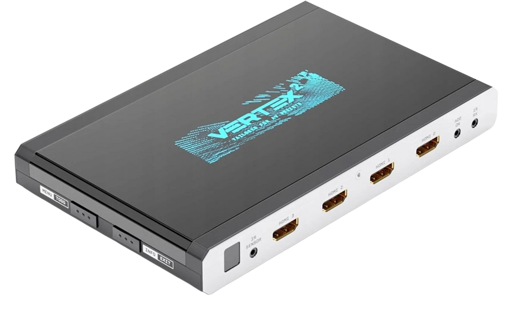 HDfury Vertex 2 HDMI-matrix en switcher schuin van boven gezien, ingangszijde: IR-sensor, vier HDMI-ingangen genummerd 0 tot en met 3, add-on- en IR RX-jack
