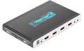 HDfury Vertex 2 HDMI-matrix en switcher schuin van boven gezien, ingangszijde: IR-sensor, vier HDMI-ingangen genummerd 0 tot en met 3, add-on- en IR RX-jack