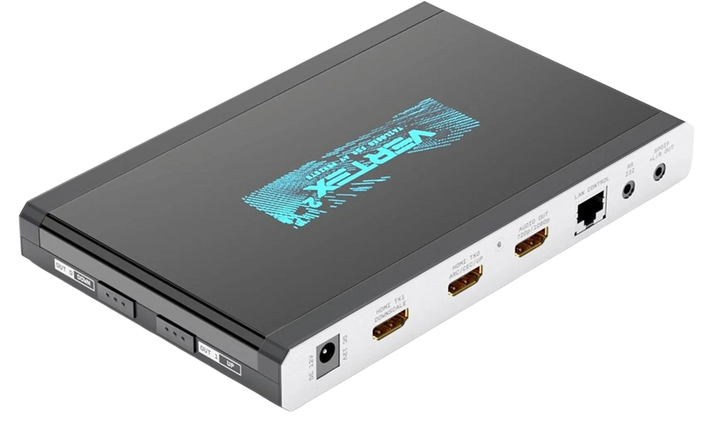 Uitgangszijde van de HDfury Vertex 2: 12V DC, HDMI TX1 downscale, HDMI TX0 met ARC, CEC en upscale, de 720p/1080p-uitgang van de audio-extractor, LAN-bediening, RS232 en S/PDIF met L/R-uitgang