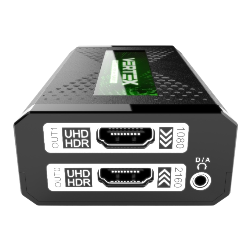 HDfury Vertex output side: OUT1 UHD HDR with 1080p downscale, OUT0 UHD HDR with 2160p upscale and D/A audio jack