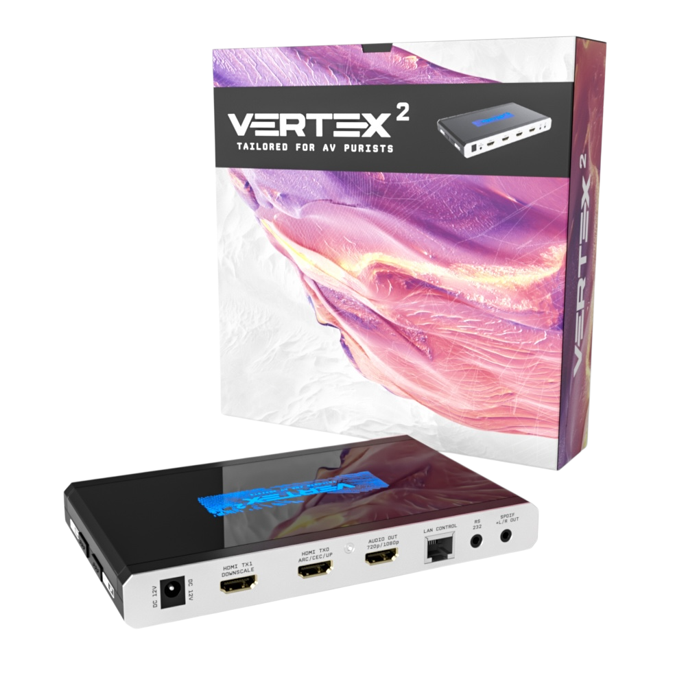 Verkoopdoos van de HDfury Vertex 2 naast het apparaat, met de scaleruitgangen TX0 en TX1 en de audio-uitgang in beeld