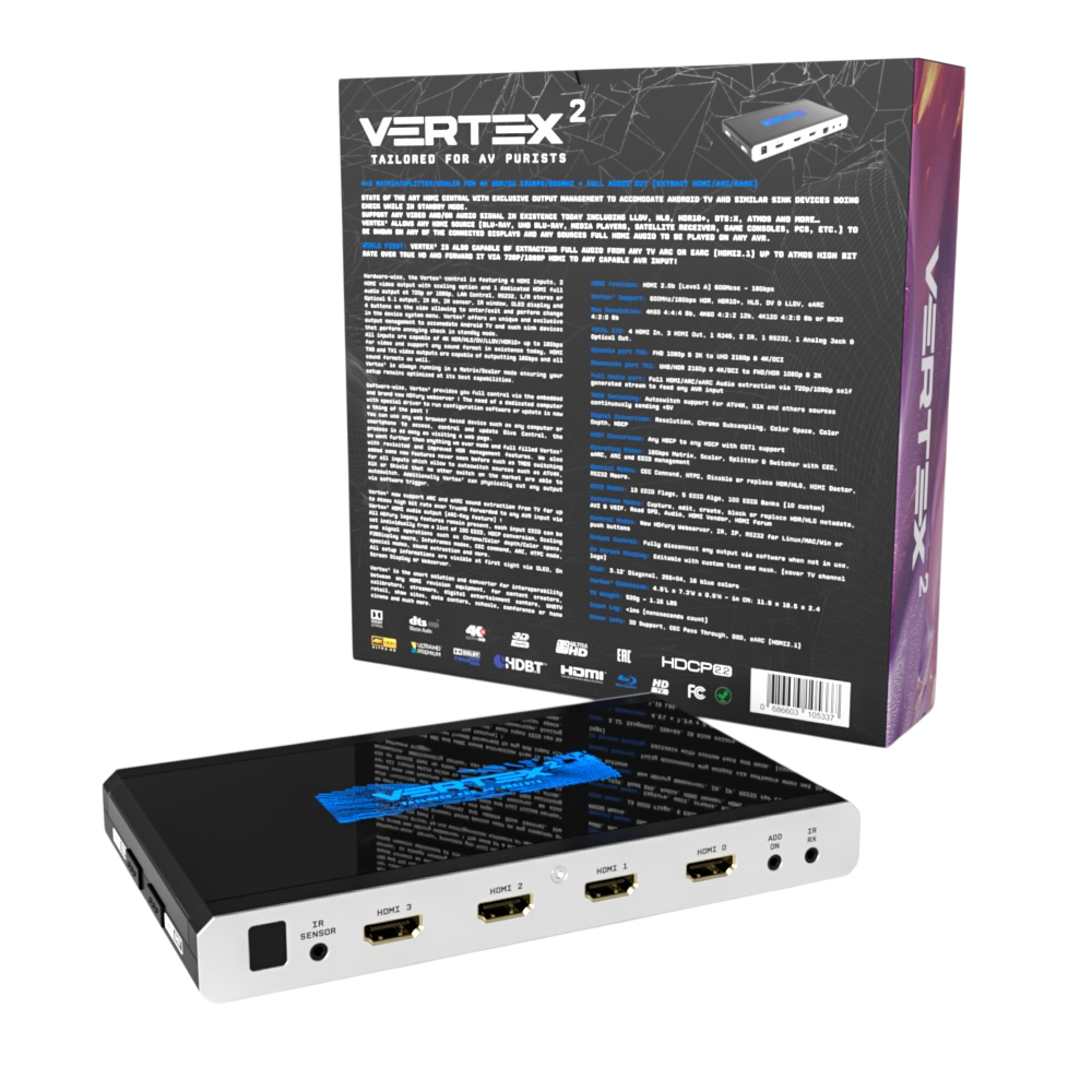 Achterkant van de verkoopdoos van de HDfury Vertex 2 met de volledige specificatietekst, naast het apparaat met zijn vier HDMI-matrixingangen